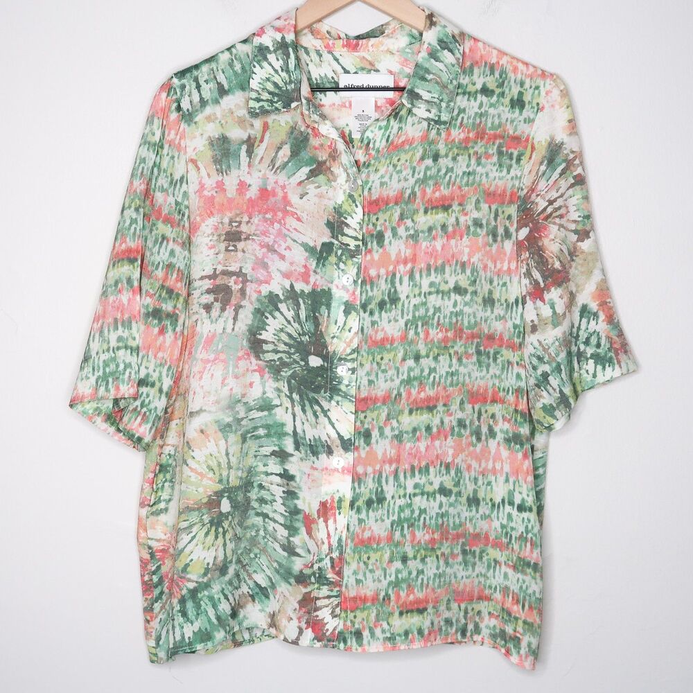Alfred Dunner Womens Button Up Shirt Small Green Pink Tie-dye Sheer Camp 70s